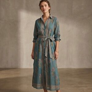 Bella Tu Teal Block Print Cotton Long Sleeve maxi dress XL